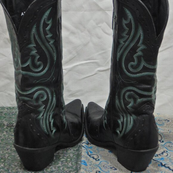 Ariat Tall Black Leather Cowboy Boots with Turquoise Embroidery - Picture 9 of 13